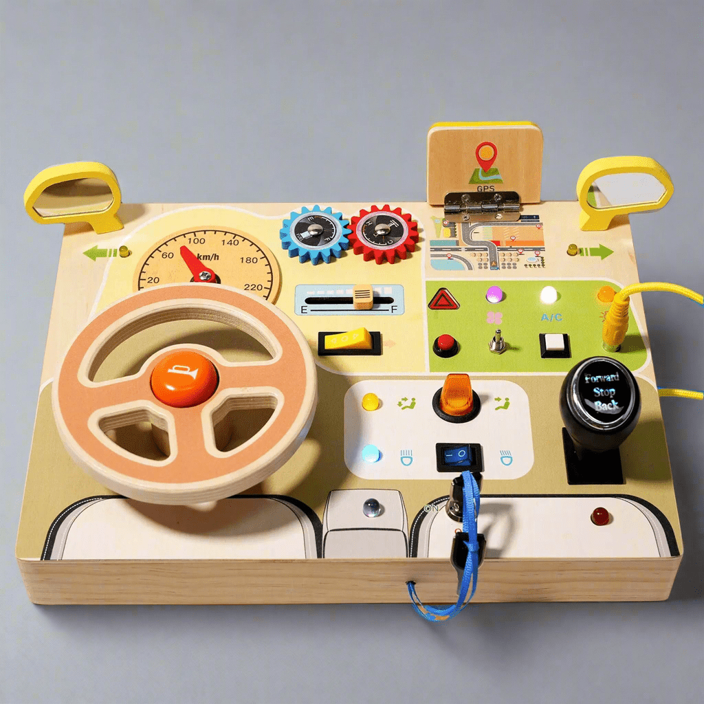 Drive & Learn™ – Wooden Steering Wheel Busy Board with Lights