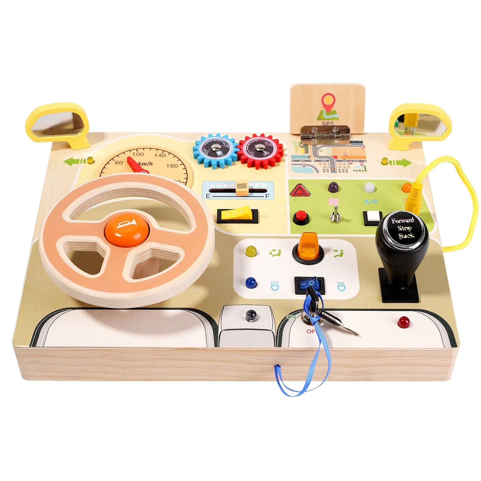 Drive & Learn™ – Wooden Steering Wheel Busy Board with Lights